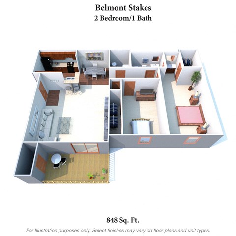 Floor plan for 2 beds, 1 bath, 848 sqft